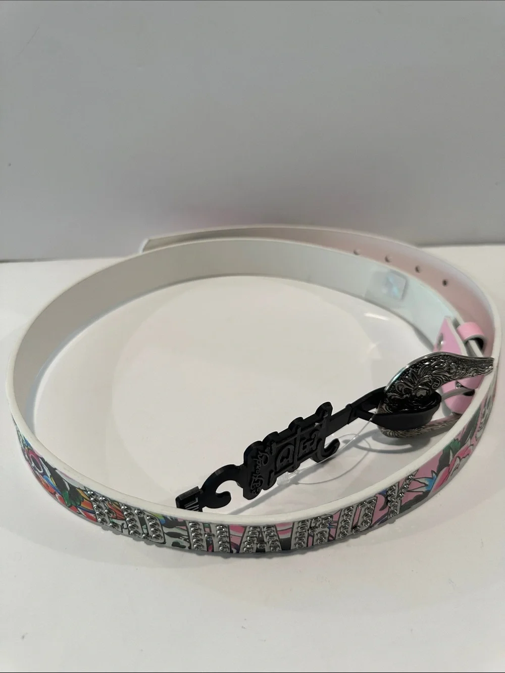 NWT Ed Hardy ladies Luck, Love, Life Pink with Western Buckle Belt.